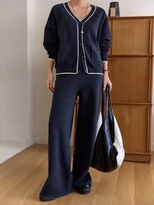 DAZY Conjunto de 2 piezas de punto con top de manga larga con ribete de contraste y pantalones de unicolor, para otoño - Azul Marino - Ver 5