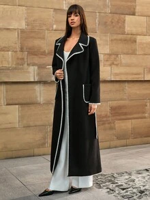 CLARA VERO Contrast Color Trim Belted Pocket Elegant Long Sleeve Winter Jacket - Black - View 3