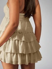 MISSGUIDED Strapless Tiered Ruffle Mini Party Dress With Twist Front Gathered Bust Evening Summer Beach Vacation Resort Wear - Khaki - View 6