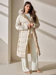 CLARA VERO Women's Beige Belted Padded Coat With Faux Fur Hood, Long Sleeve Quilted Winter Jacket - Beige - View 4