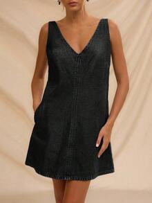 Avantive 休闲音乐节迷你宽松牛仔连衣裙 - 黑色 - 查看 4