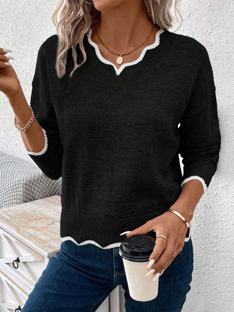 EURMUSE Women's Casual Loose V-Neck Drop Shoulder Long Sleeve Sweater, Autumn,Jumper,Cream Jumper,Jumpers,Christmas Jumper,White Jumper,Black Jumper,Ladies Jumper,Women's Jumpers