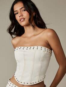 MISSGUIDED Áo nịt ngực không dây denim đính đinh tán phong cách miền Tây lễ hội, thời trang câu lạc bộ mùa hè, không dây buộc sau lưng - trắng - Xem 3