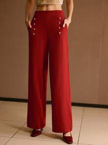 MOTF PREMIUM SOLID SLANT POCKET GOLD BUTTON DETAIL STRAIGHT LEG PANTS - Redwood - View 3