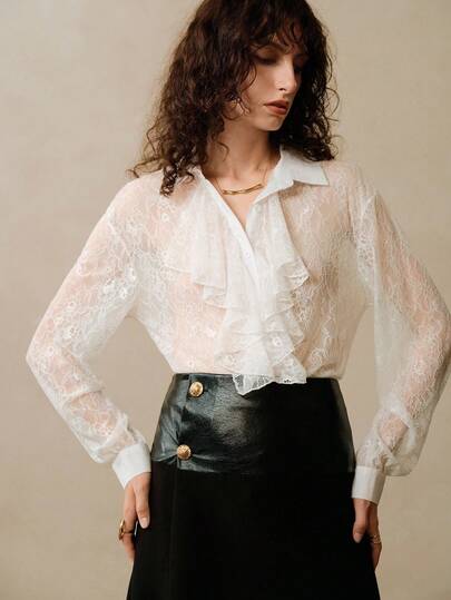 Arave Women's Loose Dropped Shoulder Lace Fabric Shirt Collar Placket Frill Decoration Autumn And Winter Inner Wear Retro French Elegant Romantic Date Long-Sleeved Shirt Fall Clothes For Women Fall Tops Classy Outfits For Women