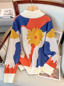 Regalyn Plus Size Women's Colorful Crew Neck Zip-Up Sweater Top Fall Winter Cloth For Women Autumn