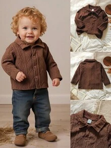 Vintaside Kids Baby Boy 春秋深咖啡色提花翻领长袖衬衫，深咖啡色调散发复古韵味，呈现沉稳时尚百搭风格 - 咖啡棕 - 查看 8