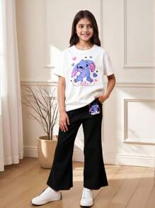 Tween Girl Lovely Bunny Print Short Sleeve White T-Shirt & Black Knit Skinny Bellbottom Pants 2pcs Cute Set Bunny Print Outfit Summer Outfit Girls - White - View 10