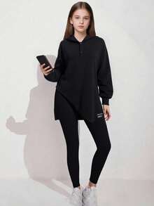 Set de 2 blusas casuales y sueltas de unicolor para niñas, estilo minimalista de uso diario, para primavera/otoño - Negro - Ver 3