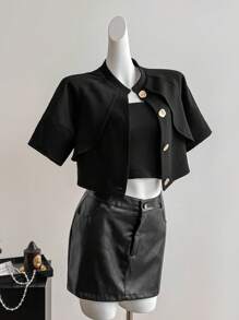 SHEIN Unity 女士时尚短袖金属扣短款夹克，夏季 - 黑色 - 查看 4