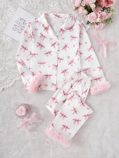 2pcs Girls Cute Bowknot Floral Print Soft Flannel Cardigan Long Sleeve Pants Pajama Set Fall Winter