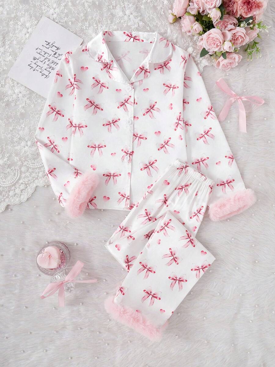 2pcs Girls Cute Bowknot Floral Print Soft Flannel Cardigan Long Sleeve Pants Pajama Set Fall Winter - Multicolor - View 1