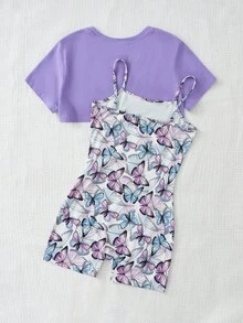 SHEIN Teen Girls Butterfly Print Cami Unitard Romper & High Low Hem Tee - Lilac Purple - View 2