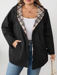 SHEIN CURVE+ 大码女装/秋装/秋季女装/女士冬装/大码女装冬装。几何印花双面宽松长袖连帽外套，适合秋冬季节，秋季女装秋装/秋冬 - 彩色 - 查看 3