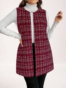SHEIN LUNE 时尚无袖格子大码女士休闲外套秋冬返校节女士外套背心秋装衣服冬装 - 酒紅色 - 查看 7