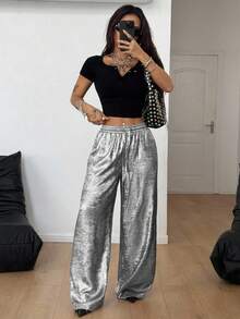 Coolane Women's All-Season  Streetwear  Grunge  Y2K  Rave Outfit  Sparkly  Elastic Waistband Silvery Curved Hem Pants