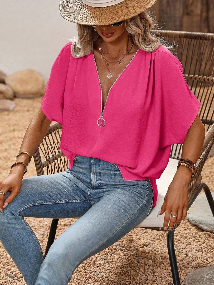 EMERY ROSE Women's Summer Solid Color Zipper Half Placket Batwing Short Sleeve Loose Blouse