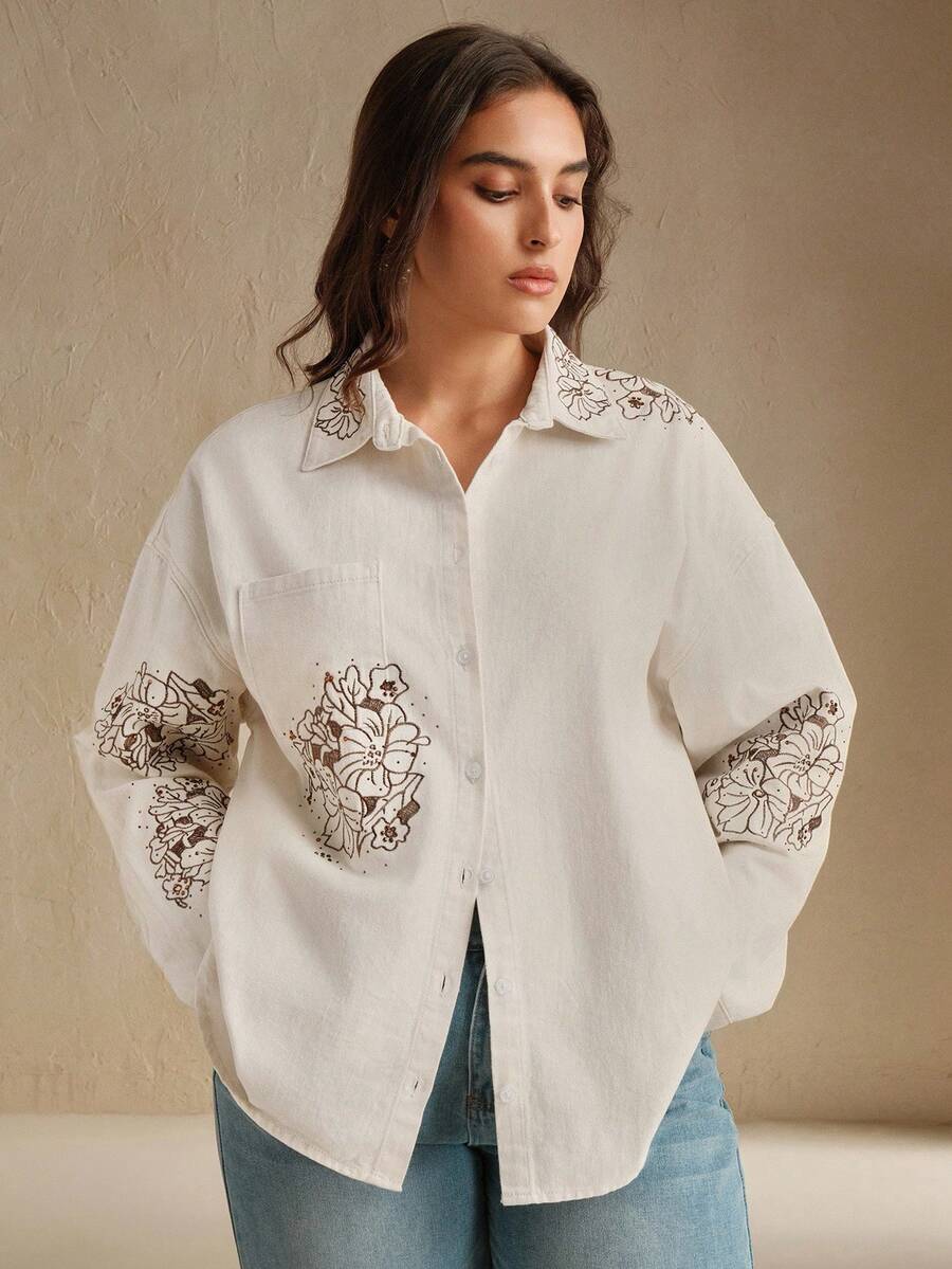 Anewsta 女式奢华刺绣水钻装饰白色牛仔夹克 - 杏色 - 查看 1