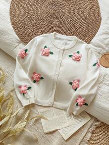 SHEIN 女童手工花卉针织夹克 - 米色 - 查看 4