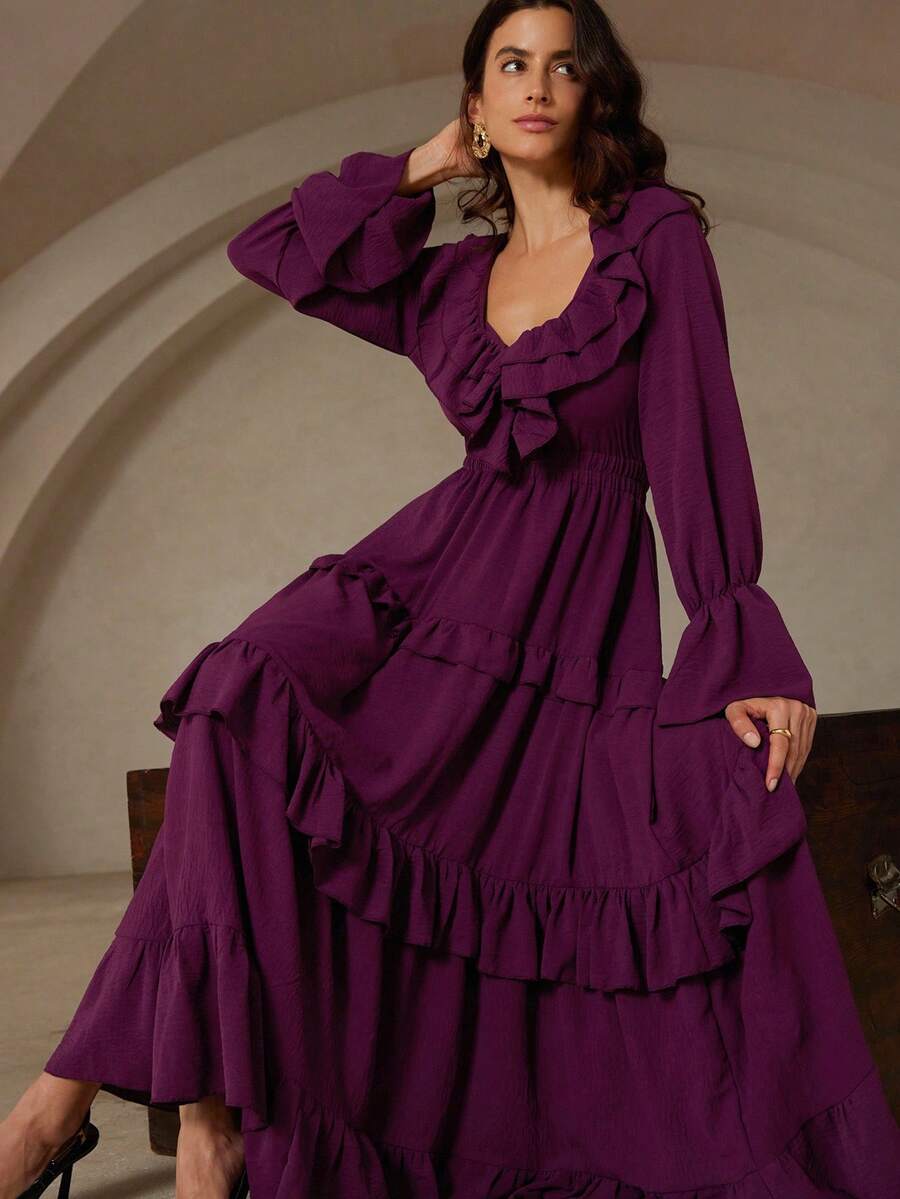 GENKIRA Purple Palace Style Long Dress, V-Neck With Ruffle Collar And 3-Layer Ruffle Hem, Ethereal Outfit For Spring Gala And Manor Evening Party - Purple - View 1