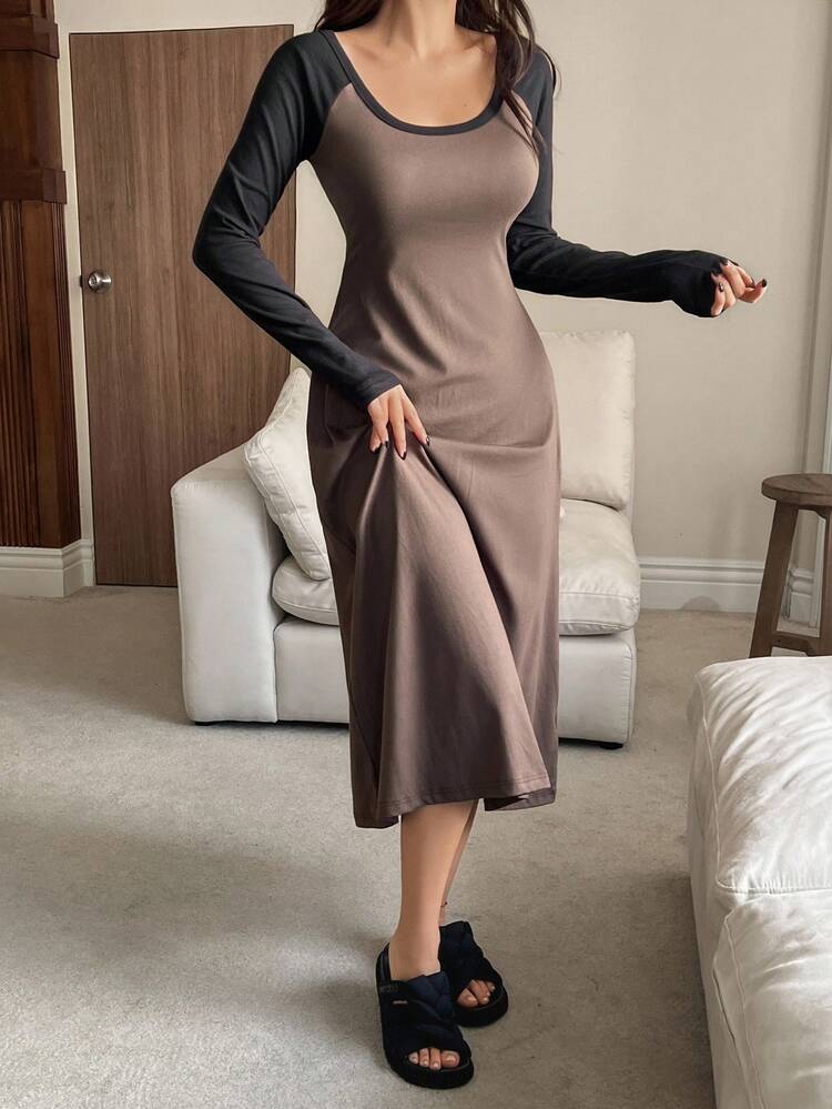Minimalist Color Block Raglan Sleeve Cinched Waist Long Dress Loungewear For Women, Fall & Winter , Cozy Outfits