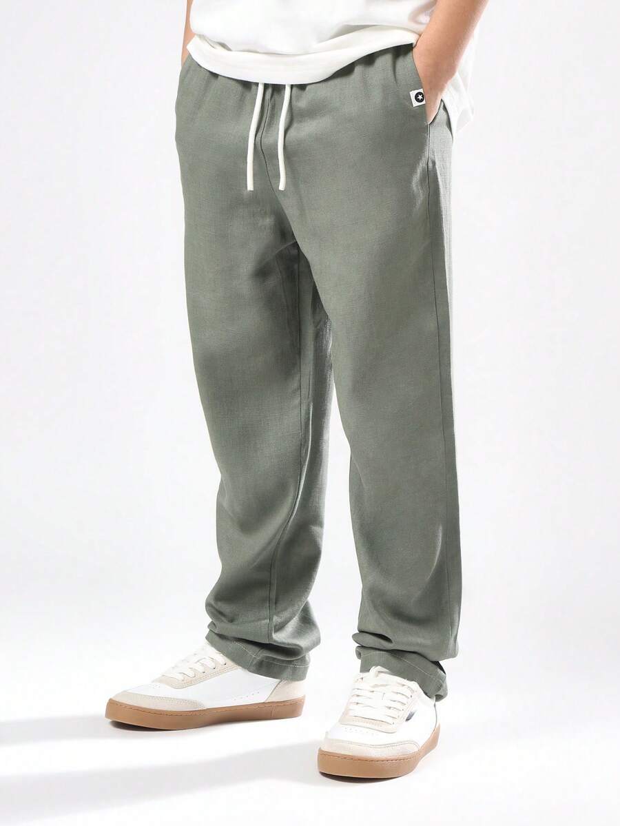 SUMWON Sage Green Linen Blend Pull On Pants For Boys Casual Drawstring Waist Straight Leg Summer Bottoms With Side Pockets Everyday Comfort Wear Fall Winter - Dark Grey - View 1