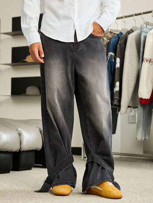 Manfinity Roghcode Men's Loose Fit Wide Leg Gray Casual Jeans Baggy Jeans Streetwear Jeans Y2K GenZ Washed Black For Loose Wide Leg Street