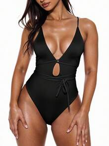 Swim Basics Summer Beach Plunge Neckline Tie Front One Piece Swimsuit - Black - View 6