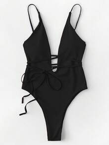 Swim Basics Summer Beach Plunge Neckline Tie Front One Piece Swimsuit - Black - View 4