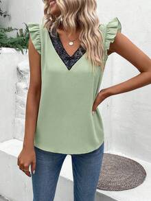 EMERY ROSE Women's V-Neck Sequin Ruffle Armhole Loose Blouse, Summer - Mint Green - View 4