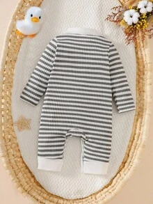 SHEIN Newborn Baby Girl Cute Striped Collar Long Sleeve Jumpsuit, Lightweight & Comfortable Summer Outfit Fall Winter - Grey - View 2