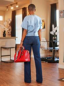 Slaydiva Veste en jean vintage à manches courtes pour femmes grande taille