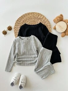 SHEIN 4pcs Babygirl Casual Cute Solid Color Long Sleeve Top And Pants Set - Multicolor - View 3