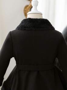 SHEIN Young Girl Elegant & Cute Black Faux Fur Collar Belted Jacket, Versatile,In Fall/Winter - Black - View 3