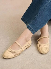 Rosivie 公主一脚蹬平底圆头编织软底休闲针织乐福鞋，适合孕妇和大码 - 杏色 - 查看 4