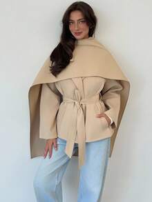 Aloruh 秋冬驼色收腰腰袋披肩领中长款女式风衣 - 卡其色 - 查看 2
