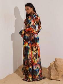 Opulessa Đầm dài tay cổ chữ V in họa tiết lưới đan cho nữ đi nghỉ mát - Nhiều màu - Xem 2