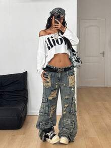 Coolane 女士秋季街头风 Y2K 极简度假辣妹图案长袖露肩宽松短款T恤 - 白色 - 查看 4