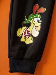 GARFIELD | SHEIN Young Boys' Halloween Cartoon Pattern Knitted Loose Crew Neck Sweatshirt & Sweatpants Set, Autumn/Winter - Black - View 6