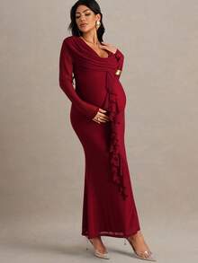 MaterniChic Autumn And Winter Red Dress Elegant Maternity Solid Color Ruffle V-Neck Fitted Long Sleeve Dress - Red - View 1