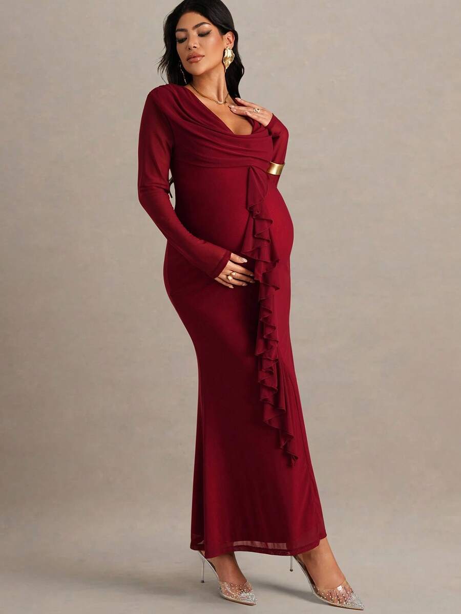 MaterniChic Autumn And Winter Red Dress Elegant Maternity Solid Color Ruffle V-Neck Fitted Long Sleeve Dress - Red - View 1