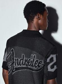 MODCRASH 春夏新款男士学院风数码提花针织衫，Polo领，短袖，破洞镂空设计，套头针织衫，男女皆宜，春夏款 - 黑色 - 查看 3