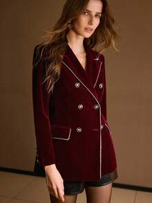 MOTF PREMIUM VELVET RHINESTONE TRIM PEAK COLLAR DOUBLE BREASTED PLACKET BLAZER - Burgundy - View 3