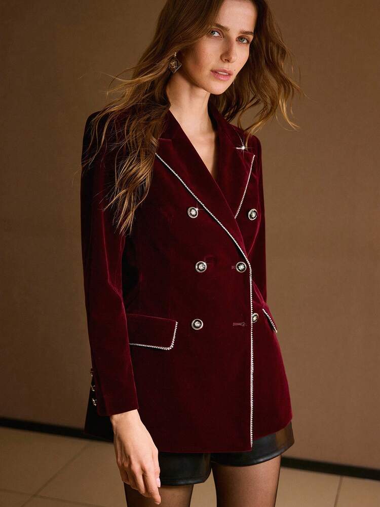 VELVET RHINESTONE TRIM PEAK COLLAR DOUBLE BREASTED PLACKET BLAZER