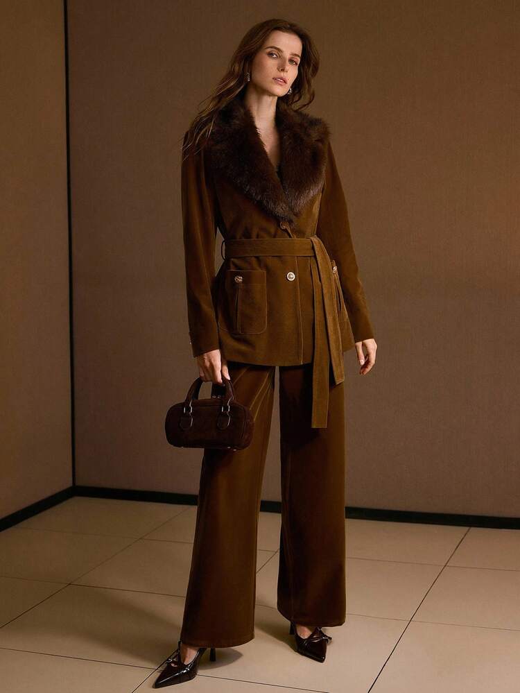 CONTRAST FAUX FUR BELTED COAT