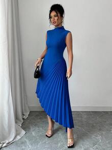 Elenzga 女士优雅时尚通勤休闲度假连衣裙，无袖不对称领腰部合身不对称褶皱下摆拼接纯色