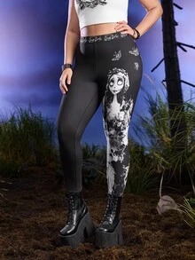 Corpse Bride X SHEIN Y2K Plus Size Elastic Letter & Cartoon Figure Graphic Leggings Black High-Elastic Versatile Leggings  Fall Halloween Costumes Going Out Tops For Women Plus Size Leggings Corpse Bride Leggings Tights - Black - View 1