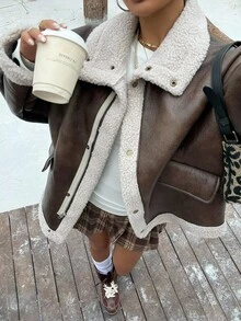 Muchica 女士秋冬新款仿皮草宽松夹克 - 棕色 - 查看 1