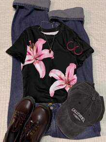 Attitoon Women's Round Neck Short Sleeve Fitted T-Shirt, Suitable For Summer, Hibiscus Flower Print, Hawaiian Print, Suitable For Vacation