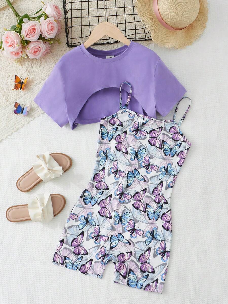 SHEIN Teen Girls Butterfly Print Cami Unitard Romper & High Low Hem Tee - Lilac Purple - View 1